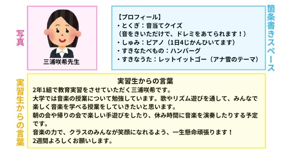 学級通信「教育実習号」は、写真・箇条書きスペース・実習生からの言葉の3つの部分に分けるのがおすすめ